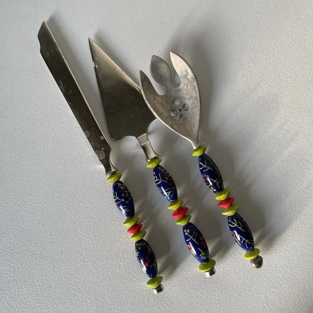Kitchen Utensils Spoon Pie Server Knife Ceramic Pottery Handle Steel Set of 3